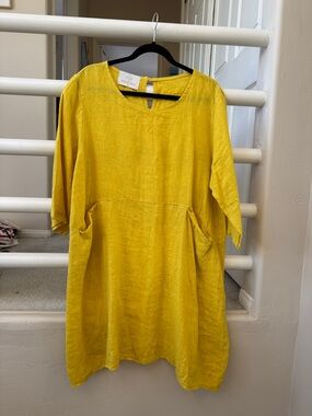 Relaxed Yellow Linen Midi Dress with Pockets